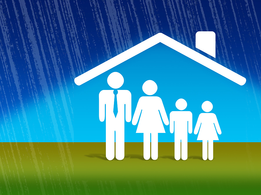 A graphic of a family being protected from rain by the roof of their house.